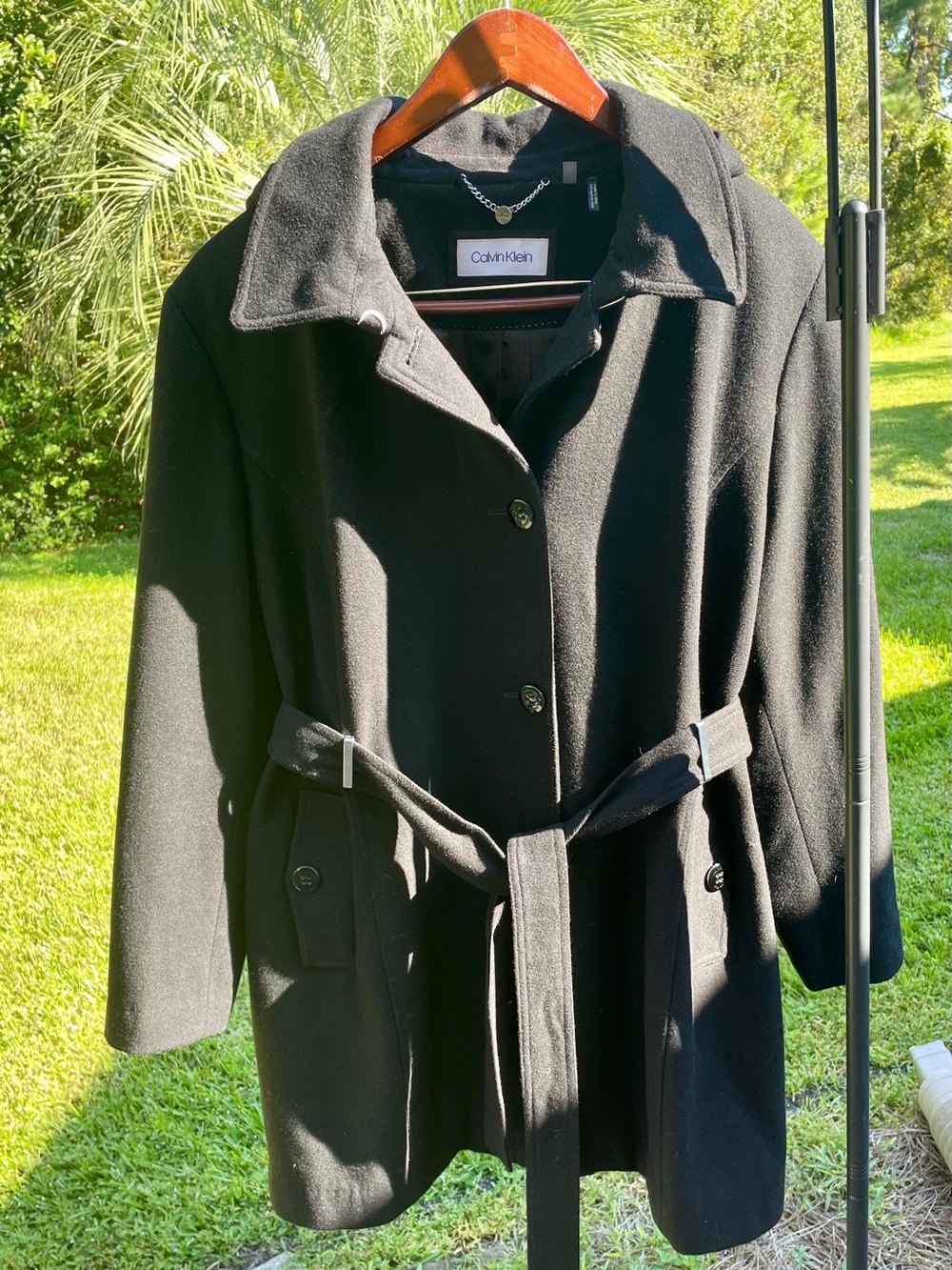 Calvin Klein Women's Black Belted Full Length Wool Coat Removable Hood Size 2X